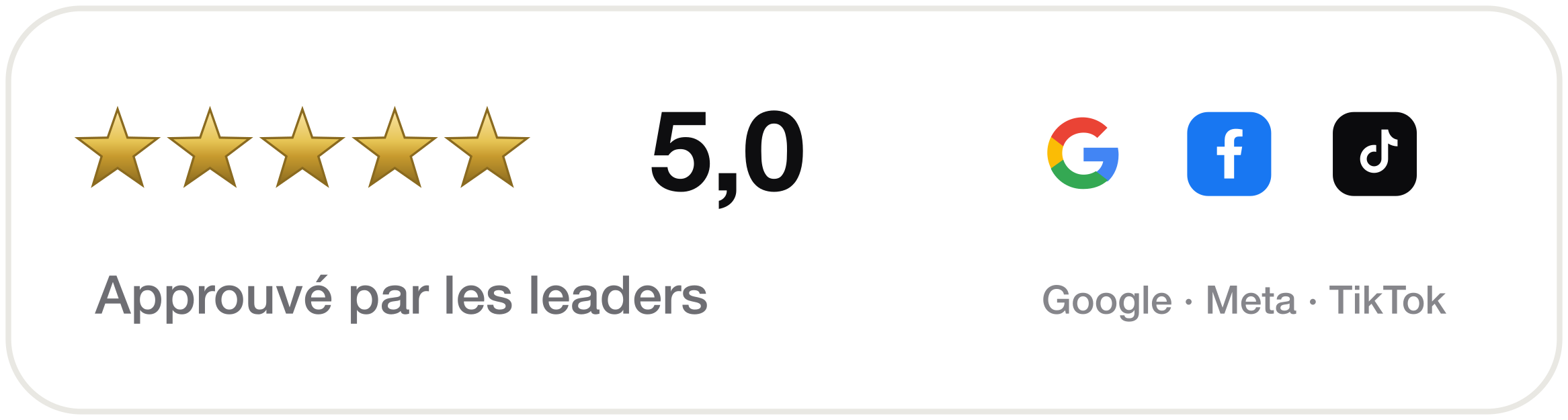 5,0 sur 5 — approuvé par les leaders (Google, Meta, TikTok)